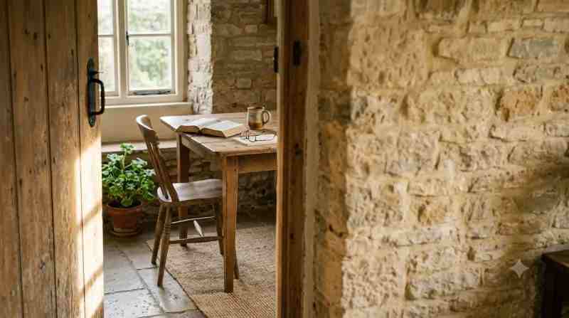 Open wooden door and a table with an open Bible, welcoming readers to Bibilium